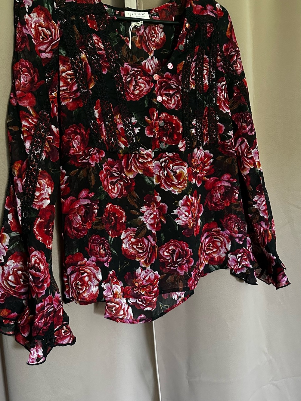 lovestitch Black Floral Button-Front Blouse with Red Rose Print
